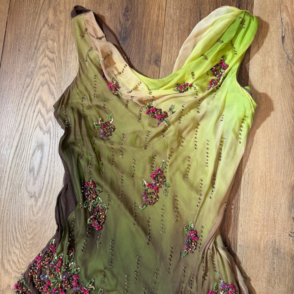 Vintage Y2K 100% Silk Beaded Dress Vintage Beaded Dress Fairy Prom Green Ombré - Picture 10 of 17